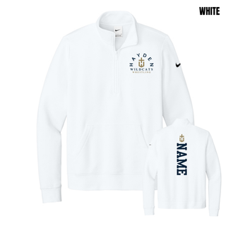 White women's Club Fleece half-zip shown from the front and back, with Hayden Wildcats Wrestling artwork on the left chest and a vertical name graphic below an H-cross on the back.
