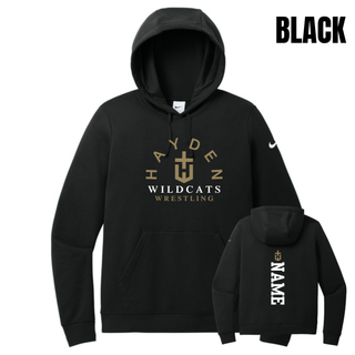 Black women's Club Fleece pullover hoodie shown from the front and back, with Hayden Wildcats Wrestling artwork on the front and a vertical name graphic beneath an H-cross on the back.