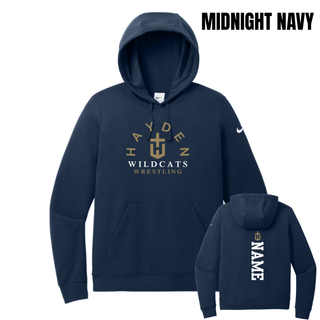 Midnight Navy women's Club Fleece pullover hoodie shown from the front and back, with Hayden Wildcats Wrestling artwork on the front and a vertical name graphic beneath an H-cross on the back.