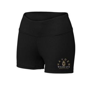 Front view of black women's interval performance shorts with the Hayden Wildcats Arched Wrestling design on the left leg.