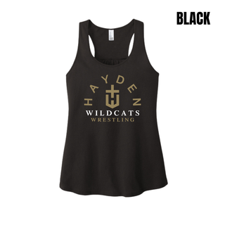Black Hayden Wildcats Arched Wrestling women's racerback tank with arched Hayden lettering around the team crest and Wildcats Wrestling below.
