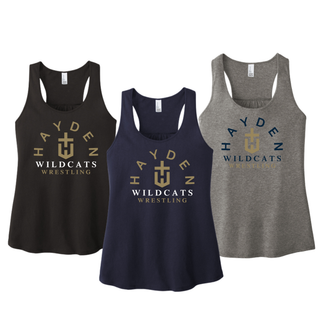Black, New Navy, and Grey Frost Hayden Wildcats Arched Wrestling women's racerback tanks, each with the team crest centered on the front.