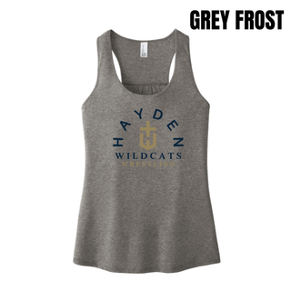 Grey Frost Hayden Wildcats Arched Wrestling women's racerback tank with arched Hayden lettering around the team crest and Wildcats Wrestling below.