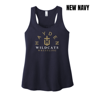 New Navy Hayden Wildcats Arched Wrestling women's racerback tank with arched Hayden lettering around the team crest and Wildcats Wrestling below.