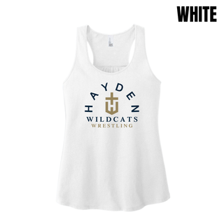White Hayden Wildcats Arched Wrestling women's racerback tank with arched Hayden lettering around the team crest and Wildcats Wrestling below.