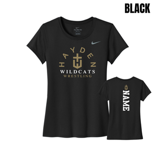 Black Hayden Wildcats Arched Wrestling women's rLegend tee shown from the front and back, with the team crest and vertical name design.