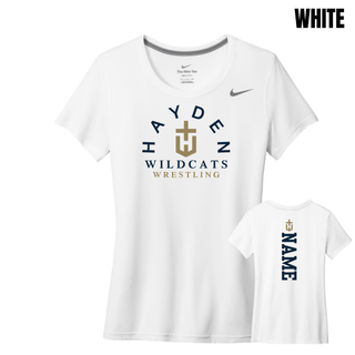 White Hayden Wildcats Arched Wrestling women's rLegend tee shown from the front and back, with the team crest and vertical name design.