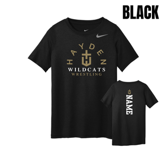 Black Hayden Wildcats Arched Wrestling youth rLegend tee shown from the front and back, with the team crest and vertical name design.