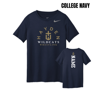 College Navy Hayden Wildcats Arched Wrestling youth rLegend tee shown from the front and back, with the team crest and vertical name design.