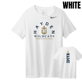 White Hayden Wildcats Arched Wrestling youth rLegend tee shown from the front and back, with the team crest and vertical name design.