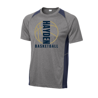 Heather grey Colorblock Contender Tee with navy contrast panels and Hayden Basketball Full Court graphic on the front