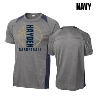 Navy Colorblock Contender Tee with Hayden Basketball Full Court front graphic, shown from the front and back