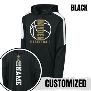 Black Hayden Wildcats Basketball Full Court Fan Favorite hoodie with white shoulder panels and a customized name and number shown on the back.