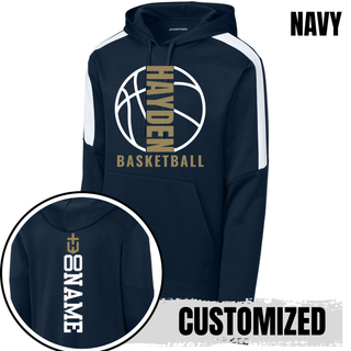 Navy Hayden Wildcats Basketball Full Court Fan Favorite hoodie with white shoulder panels and a customized name and number shown on the back.