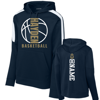 Navy Hayden Wildcats Basketball Full Court Fan Favorite colorblock hoodie shown from the front and back with white shoulder panels and vertical name and number layout.