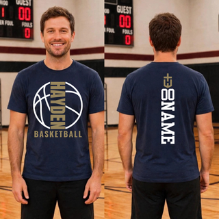 Front and back mockup for the Hayden Wildcats Full Court design on a navy shirt. The front has vertical Hayden lettering inside a basketball outline; the back shows an example of optional vertical name placement.