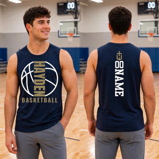 Model wearing the Hayden Wildcats Basketball Full Court men's tank, shown from the front with the basketball graphic and from the back with a vertical name and number layout.