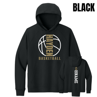 Black Men's Dri-FIT Primary Hoodie with Hayden Wildcats Basketball Full Court graphic on the front and sample name and number layout on the back