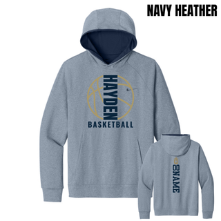 Navy Heather Men's Dri-FIT Primary Hoodie with Hayden Wildcats Basketball Full Court graphic on the front and sample name and number layout on the back