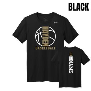 Black men's rLegend Tee featuring the Hayden Wildcats Basketball Full Court design on the front and a vertical number and name layout on the back.