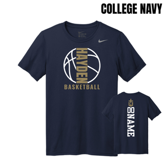 College Navy men's rLegend Tee featuring the Hayden Wildcats Basketball Full Court design on the front and a vertical number and name layout on the back.