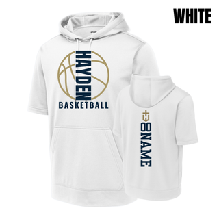 White Hayden Wildcats Basketball Full Court short sleeve hooded pullover, with front basketball graphic and back name and number layout