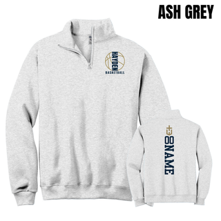 Ash Grey quarter-zip shown from front and back, featuring the Hayden Wildcats Basketball Full Court design on the chest and a vertical name-and-number layout on the back.