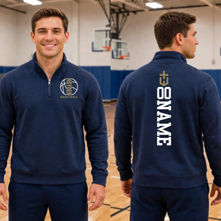 Navy quarter-zip shown from front and back, featuring the Hayden Wildcats Basketball Full Court design on the chest and a vertical name-and-number layout on the back.