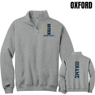 Oxford quarter-zip shown from front and back, featuring the Hayden Wildcats Basketball Full Court design on the chest and a vertical name-and-number layout on the back.
