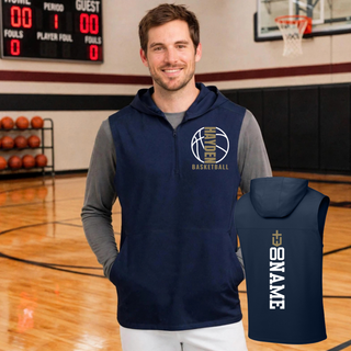 Model wearing the True Navy Hayden Wildcats Basketball Full Court sleeveless hooded quarter-zip beside a back view showing the name and number layout