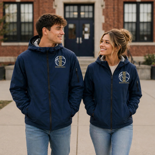 Two models wearing True Navy Hayden Wildcats Basketball Full Court waterproof insulated jackets with the basketball design on the left chest.