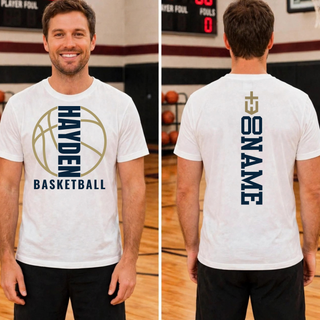 Front and back mockup for the Hayden Wildcats Full Court design on a white shirt, with vertical Hayden lettering inside a basketball outline.