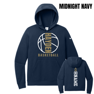 Midnight Navy Women's Club Fleece Pullover Hoodie with Hayden Wildcats Basketball Full Court front graphic and sample name and number layout on the back