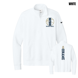 White Women's Fleece Half-Zip with Hayden Basketball Full Court graphic on the left chest and vertical name layout on the back