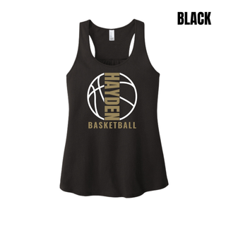 Black women's racerback tank with the Hayden Wildcats Basketball Full Court design in gold and white.