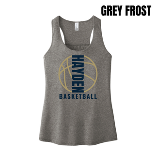Grey Frost women's racerback tank with the Hayden Wildcats Basketball Full Court design in navy and gold.
