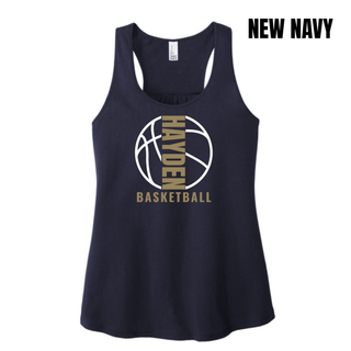 New Navy women's racerback tank with the Hayden Wildcats Basketball Full Court design in gold and white.