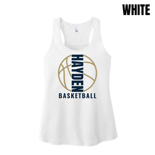 White women's racerback tank with the Hayden Wildcats Basketball Full Court design in navy and gold.