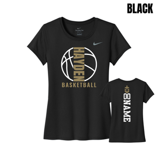 Black women's rLegend Tee featuring the Hayden Wildcats Basketball Full Court design on the front and a vertical number and name layout on the back.