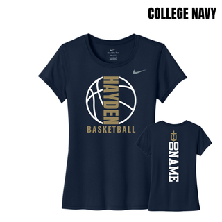 College Navy women's rLegend Tee featuring the Hayden Wildcats Basketball Full Court design on the front and a vertical number and name layout on the back.