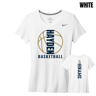 White women's rLegend Tee featuring the Hayden Wildcats Basketball Full Court design on the front and a vertical number and name layout on the back.