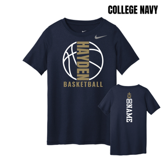 College Navy youth rLegend Tee featuring the Hayden Wildcats Basketball Full Court graphic on the front and a vertical name and number layout on the back.