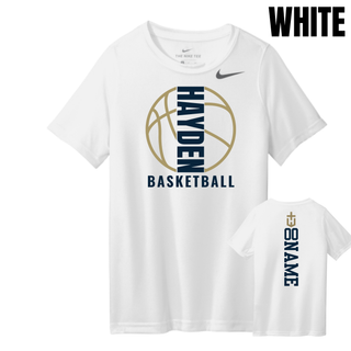 White youth rLegend Tee featuring the Hayden Wildcats Basketball Full Court graphic on the front and a vertical name and number layout on the back.