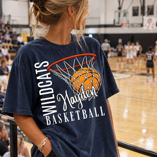 Hayden Wildcats Basketball Net Top featuring a basketball dropping through a net design with vertical WILDCATS lettering, script Hayden, and BASKETBALL text in navy with orange accents