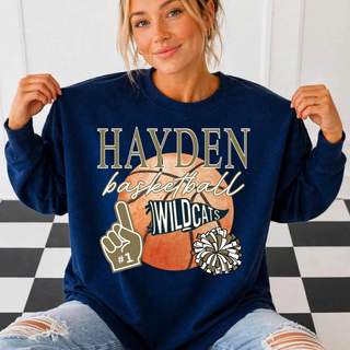 Hayden Wildcats Basketball Spirit Top on navy crewneck with basketball graphic, foam finger, Wildcats pennant, and pom-poms