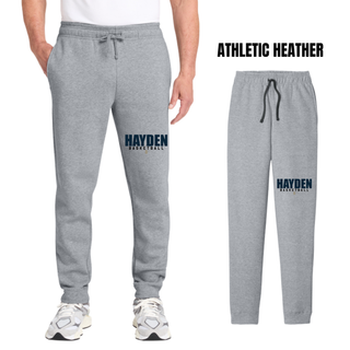 Athletic Heather core fleece joggers with the Hayden Wildcats Basketball Stacked Logo printed on the leg, shown on a model and on their own.