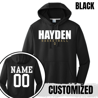 Black Hayden Wildcats Basketball Stacked Logo performance hoodie with an example of name and number placement on the back.