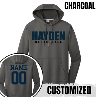 Charcoal Hayden Wildcats Basketball Stacked Logo performance hoodie with an example of name and number placement on the back.