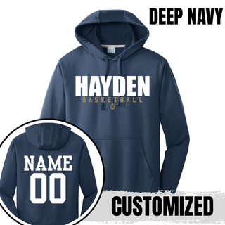 Deep Navy Hayden Wildcats Basketball Stacked Logo performance hoodie with an example of name and number placement on the back.