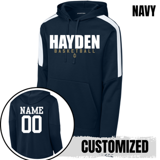 Black Fan Favorite colorblock hoodie with the stacked Hayden Basketball design on the front
